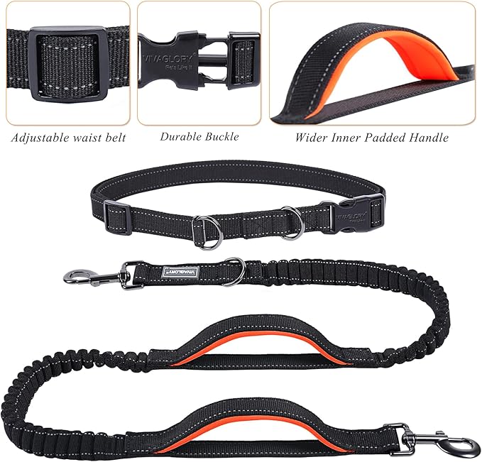 VIVAGLORY Hands Free Dog Leash Bungeetwin Running Dog Leash with Waist Belt for Running Walking & Jogging, Bungee & Around Waist for Pet, S, Black/Orange