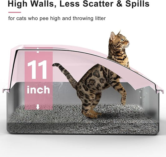Stainless Steel Litter Box | XL Enclosed Cat Litter Boxs with Lid for Big Cats | High Sided, Anti-Urine Leakage | Non-Stick Bottom & Includes Litter Mat & Metal Scoop (Cute Pink)
