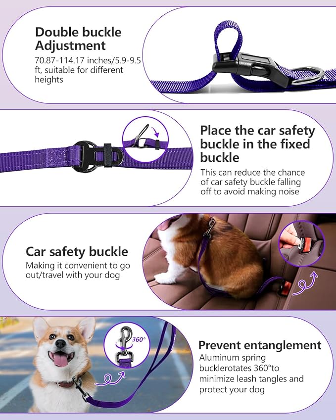 Hands Free Dog Leash, Multifunctional Crossbody Dog Leash, 5.9-9.5Ft Long Waist Belt with Car Seatbelt and Double-Sided Reflective Stitches for Medium and Large Dogs Walking, Jogging(Purple)