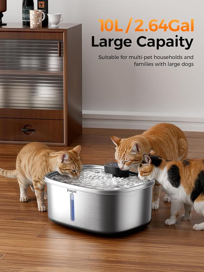 Water Fountain for Dogs Home Outdoor Multi-Pet Stainless Steel 10L/2.64gal Wireless Large Dogs Motion Sensor Dispenser Filtered Cordless Bowl Waterer -Wireless Stainless Steel&8Filters