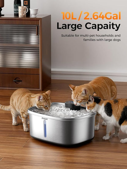 Water Fountain for Dogs Home Outdoor Multi-Pet Stainless Steel 10L/2.64gal Wireless Large Dogs Motion Sensor Dispenser Filtered Cordless Bowl Waterer -Wireless Stainless Steel&8Filters