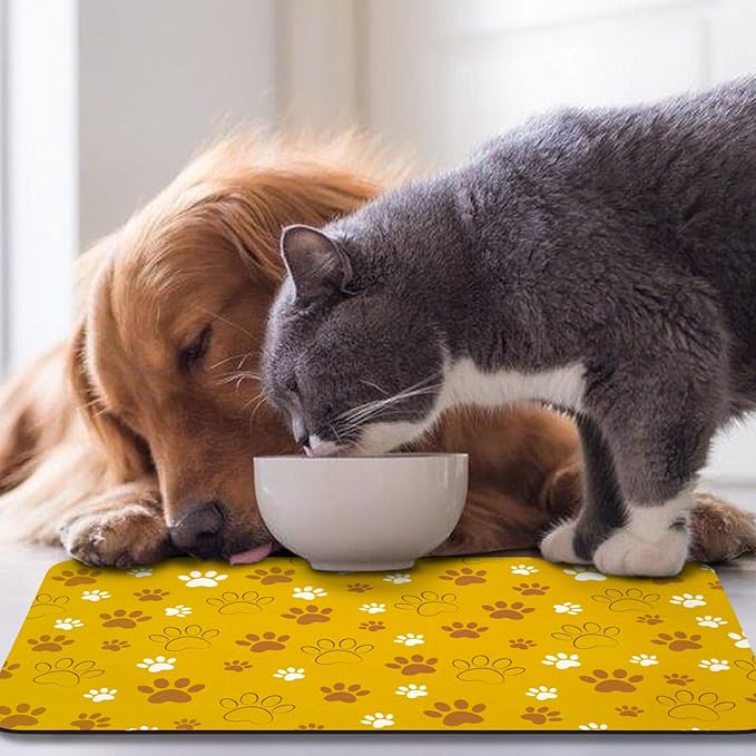 Dog Food Mat, Absorbent Water Bowl Mats Cat Pet Feeding Placemats Yellow 16 * 24 inch