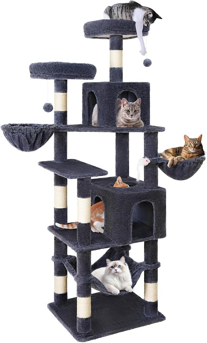 AMHANCIBLE Cat Tree, 70 Inch Cat Tower for Indoor Cats, Multi-Level Cat Tree with Scratching Post, Hammock, Hanging Basket, Large Cat Condos for Adult Cats Kittens, Dark Grey, PT18DG
