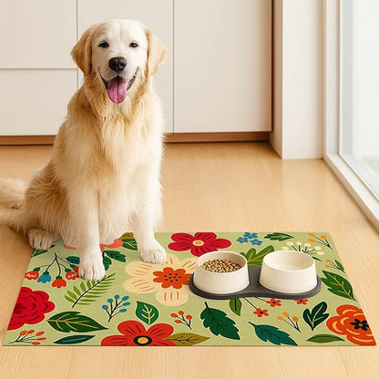 Non Slip Pet Feeding Mat with Floral Design for Dogs and Cats Food Water Bowl Placemat Easy Clean Pet Food Mat for Kitchen Dining Area Home Decor 24 x 16 Inch Absorbent Cat Water Bowl Mat