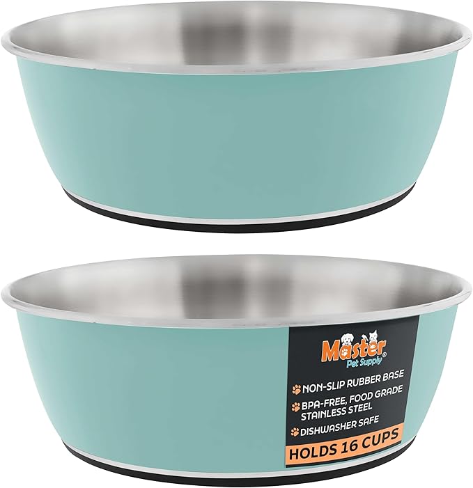 Master Pet Supply Stainless Steel Dog Bowls Set of 2 (128 Oz Each) with Non-Slip Rubber Base - Aqua Sky - Basic Dog Food Bowl Water & Food Bowls for Small Medium Large Dogs & Cats, Metal Dish