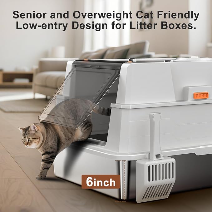 Extra Large Enclosed Stainless Steel Cat Litter Box with Lid - XXXL Giant Metal Enclosed High Sides Litter Boxes for Multi-Cat Households and Overweight Cats - Black