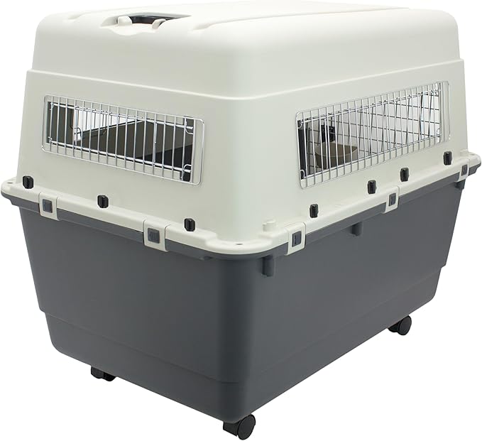 SportPet Airline Compliant XXX-LARGE 44" Travel Dog Kennel-Durable Plastic Airline Pet Carrier w/Removable Wheels & Food Bowls, Collapsible Indoor/Outdoor Dog Kennel, Dogs up to 44"L & 33"H-Cream/Gray