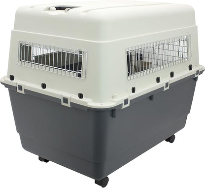 SportPet Airline Compliant XXX-LARGE 44" Travel Dog Kennel-Durable Plastic Airline Pet Carrier w/Removable Wheels & Food Bowls, Collapsible Indoor/Outdoor Dog Kennel, Dogs up to 44"L & 33"H-Cream/Gray