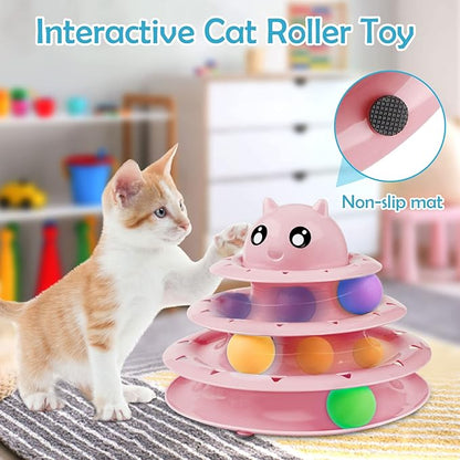 UPSKY 20 PCS Cat Toys - 3-Level Turntable Roller with Balls for Indoor Cats, Kitten Set with Teaser, Mice, Spring, and Various Ball Toys