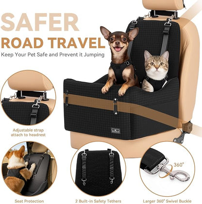 PETSFIT Dog Booster Car Seat for Small/Medium Dogs Up to 35 lbs – Patented Safety System, 6" Memory Foam Pet Car Seat, Fully Detachable and Washable Cover, Front/Back Seat Travel Booster (Black)