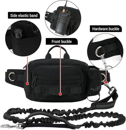 Hands Free Dog Leash with Waist Bag, Retractable Bungee Leash Portable with Dual Handles + Multifunctional Zipper Pouch for Dog Training Walking Running Cycling