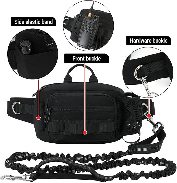 Hands Free Dog Leash with Waist Bag, Retractable Bungee Leash Portable with Dual Handles + Multifunctional Zipper Pouch for Dog Training Walking Running Cycling