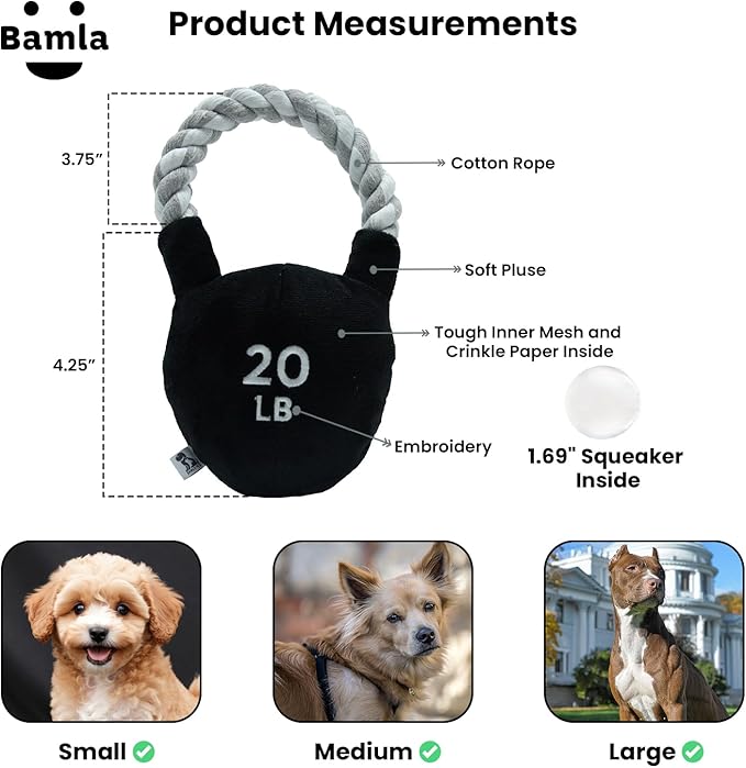 Pets Kettlebell Workout Funny Dog Toy - Parody Plush Multi Inner Mesh Layer Squeaky Crinkle Tough Nylon Rope