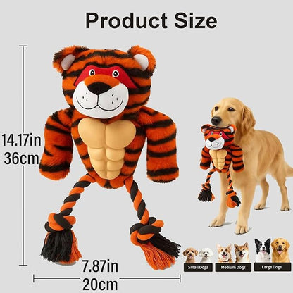 Durable Rope & Plush Dog Toy for Aggressive Chewers – Muscle Tiger Squeaky Tug Toy for Medium & Large Dogs, Interactive Chew & Play