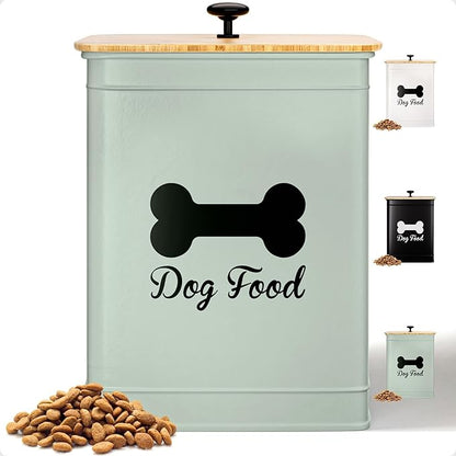 Dog Food Container Airtight 5-7 lb (25 Cup) Capacity - Cute Airtight Dog Food Storage Container with Bamboo Lid & Sturdy Metal Handle - Green Metal Kibble Storage Bin for Dogs up to 50 lbs - Pet Jar