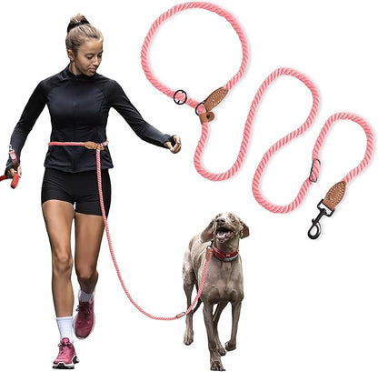 Mile High Life Hands Free Dog Leash, Crossbody Waist Leash with Genuine Leather Connection, Multifunctional Adjustable Slip Lead for Dog Walking Running (Coral Red, 7FT)