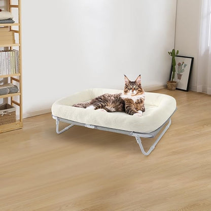 Sunhoo Elevated Cat Bed Foldable Raised Pet Hammock Self-Supporting Puppy Lounger with Off Floor Metal Frame Washable Cover for Small Dog Kitten Indoor Use 25.2x15.75x7.48 in (White)