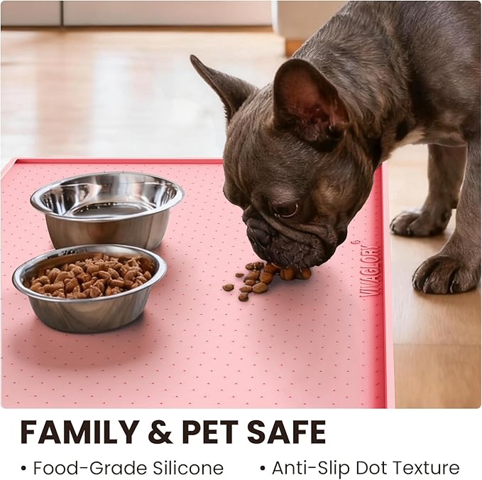 VIVAGLORY Dog Bowl Mat Grippymat Pet Food Mat, Waterproof Washable Nonslip Silicone for Pet & Cat, Food and Water Placemat with Lip & Raised Edges for Indoor Floor, S, Sakura Pink