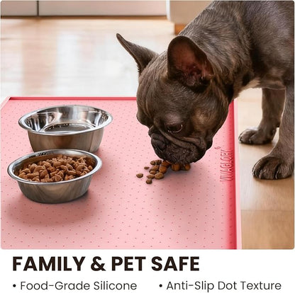 VIVAGLORY Dog Bowl Mat Grippymat Pet Food Mat, Waterproof Washable Nonslip Silicone for Pet & Cat, Food and Water Placemat with Lip & Raised Edges for Indoor Floor, S, Sakura Pink