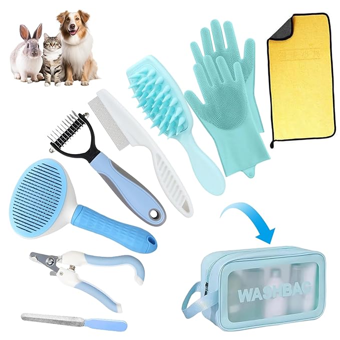 Aglads 8PCS Cat Rabbit Bunny Dog Grooming Kit,Self-Cleaning Brush,Nail Clipper,Grooming Glove,Massage Brush,Flea Comb,Towel&Travel Bag,Complete Grooming Tools for Long&Short Haired Pets(8, blue)