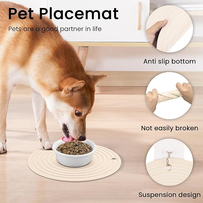 Ptlom Silicone Pet Food Mat for Dogs and Cats Placemat 2Pcs, Waterproof Non-Slip Feeding Bowl Mats Prevent Food and Water Overflow, Silicone Puppy Mat Suitable for Small Medium Pets, Beige, 9.5Inch