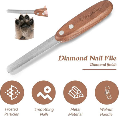 Dog Nail File, Diamond Coated Metal Nails Filer for Dogs Cats Pets with Ergonomic Walnut Handle, Smooth and Shape Rough Edges Remove Burs