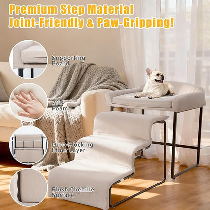 Dog Window Perch with Removable Stairs, Cat Window Seat with Cushioned Platform, Non-Slip Bedside Foam Pet Bed for Cats and Dogs, Beige