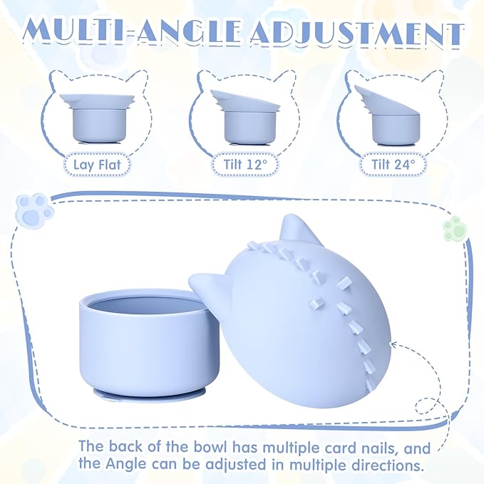 2 Pack Silicone Cat Slow Feeder, Elevated Slow Feeder Cat Bowl for Dry and Wet Food, Tilted Design with Non Slip Base, Adjustable Angle for Pet(Green and Blue)