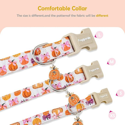 Faygarsle Fall Pumpkin Pattern Dog Collar with Charm, Adjustable Neckwear for Small Medium Large Dogs, Orange and Pink for Small Medium Large Dogs L