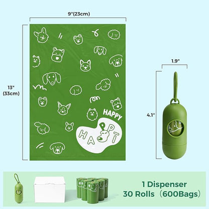 Dyforce Dog Poop Bags Rolls with Dispenser, 600 Count Value Pack Extra Thick Strong Leak Proof Poop Bags for Dogs Doggy, Scented Pet Waste Cat Litter Bags 9x13", Green