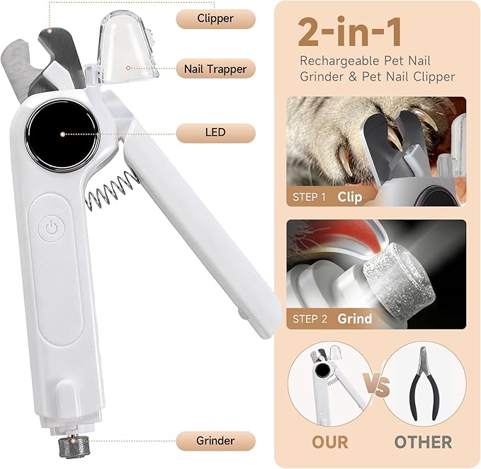 2-in-1 Dog Cat Nail Grinder & Clipper with LED Light, Pet Nail Clippers for Large Medium Puppy Dogs Ultra Quiet, Dog Cat Nail Trimmers with Splash Guard, Electric Dog Cat Claw Care File (White)