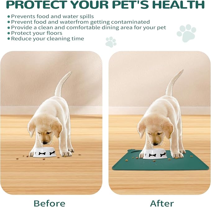 Silicone Pet Food Mat Dog Cat Waterproof Spill Proof Mess Control Easy Clean Floor Protector 18.8L x 11.8W Inch Green