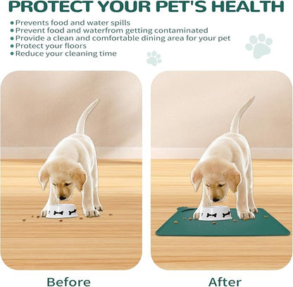 Silicone Pet Food Mat Dog Cat Waterproof Spill Proof Mess Control Easy Clean Floor Protector 18.8L x 11.8W Inch Green
