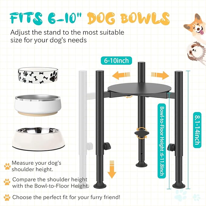 Adjustable Dog Bowls Elevated Stand, 4 Heights, Wide 6-10", Oppro Metal Raised Tall Single Dog Food Bowl Holder, Upgrade Lifted Water Feeder with Tray for Medium Large Small Breed, H: 8”/10”/12”/13.8”
