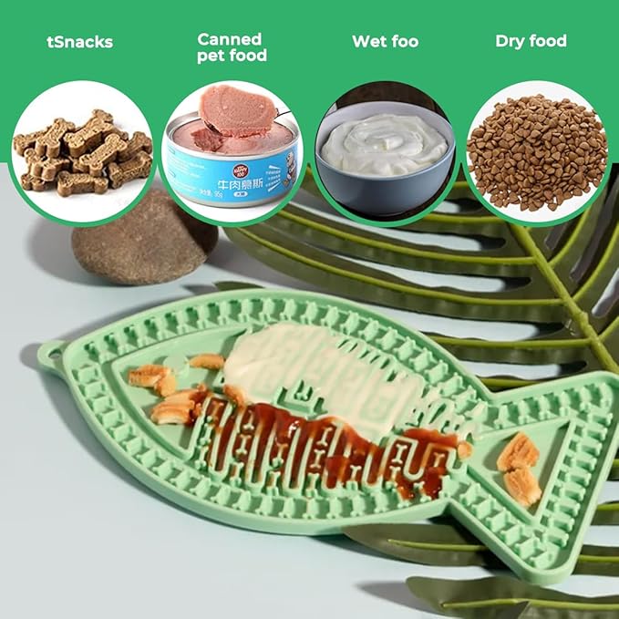 Fish-Shaped Cat Slow Feeders Lick Mat Fun Alternative to a Slow Feed Cat Bowl or Dish Perfect for Food, Treats and Anxiety Reduction (Green)