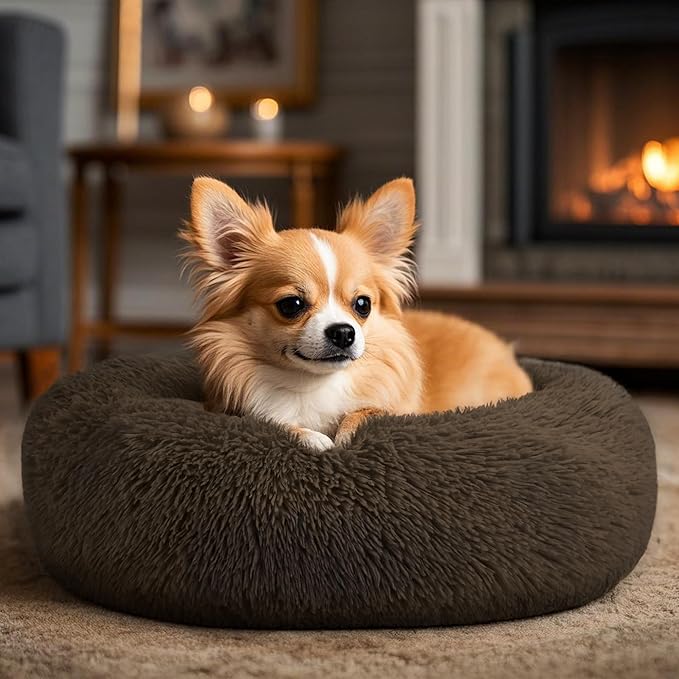 Dogs Bed for Small Dogs, Anti-Anxiety Washable Round Bed (Coffee, 24.0" L x 24.0" W x 8.0" Th)