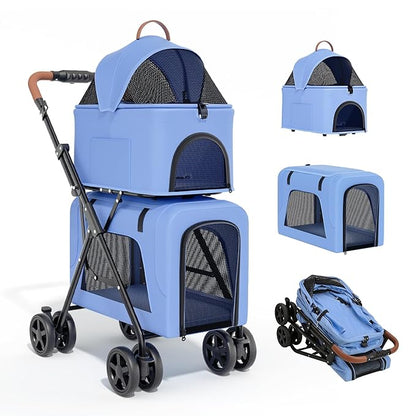 MoNiBloom Double Dog Stroller with Detachable Carriers, 2 in 1 Pet Stroller for Small Medium Dogs Cats, One-Hand Fold Lightweight Pet Buggy with Storage Basket & Canopy