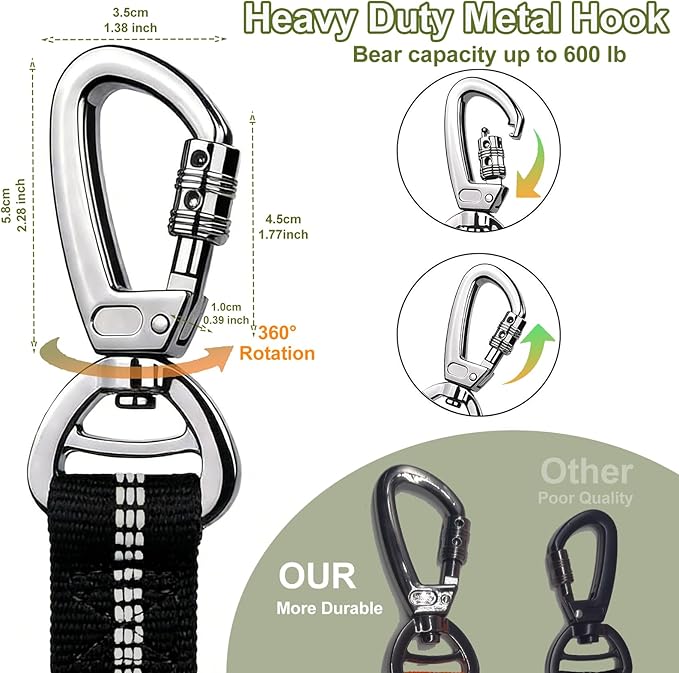 Dog Leash Heavy Duty - 4-6FT Long Leash Strong Shock Tactical Tug Leashes, Dog Seat Belt for Car with 2 Padded Handles, Reflective Rope Lead for Medium L X-Large Dogs Walking Running Training (Black)