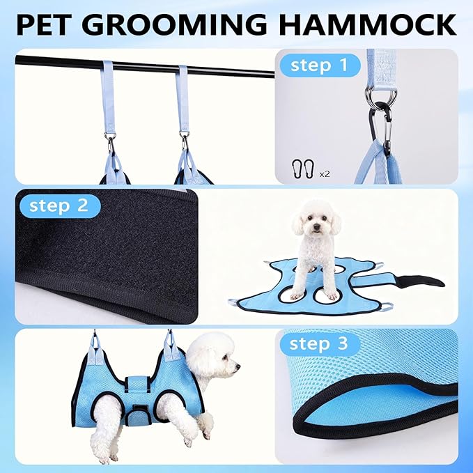 Dog Grooming Hammock, Cat/Small Dog Hammock for Nail Trim, Hanging Harness for Claw Care,Grooming Sling Holder Hanger with Thick Fabric Neck Support Wide Strap Restraint (Blue)