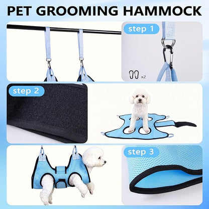 Dog Grooming Hammock, Cat/Small Dog Hammock for Nail Trim, Hanging Harness for Claw Care,Grooming Sling Holder Hanger with Thick Fabric Neck Support Wide Strap Restraint (Blue)