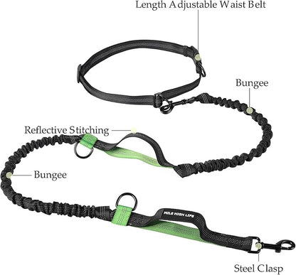 Mile High Life Hands Free Waist Leash for Dog Running Training and Jogging, Adjustable Belt with Double Handle, Reflective Bungee for Medium Large Dogs (Green, 7FT)