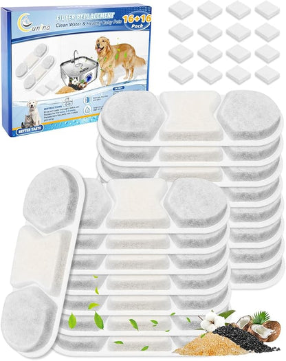 16+16Pack Pet Water Fountain Filter, Compatible with MAILOFY 410oz/3.2Gal/12L Stainless Steel Large Dog Water Bowl Dispenser, Filters & Sponges 4-Layer Dog Water Filter Replacement System