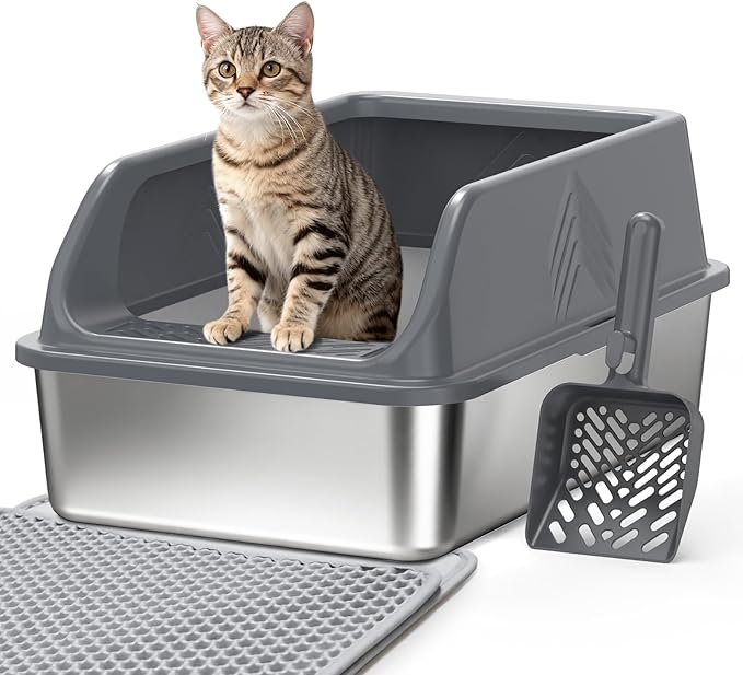 Stainless Steel Cat Litter Box with Lid, Enclosed Litter Boxes XL High Sided for Kitty Big Cat and Multiple Cats, Anti-Urine Leakage | Non-Stick & Includes Cat Mat and Scoop