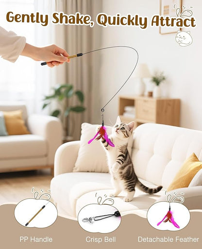 Pawaboo Feather Teaser Cat Toy, Interactive Feather Wand Cats Toy Flying Feathers Cat Catcher with Extra Long 34.5" Wand and Small Bell, Exerciser Playing Toys for Kitten or Cats, Rose + Red Brown