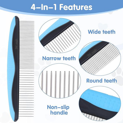 Metal Dog Comb, Stainless Steel Teeth Dematting Comb for Dogs Cats, Dog Grooming Combs, Pet Hair Combs for Removing Knots Mats Tangles Home Grooming Tool