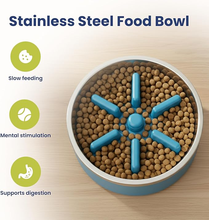 PawsPik 64oz 18/8 Stainless Steel Slow Feeder Dog Bowl, Double-Wall Non-Slip Metal Dog Bowl for Fast Eating Medium & Large Breeds, Detachable Slow Feeder Insert, Dishwasher Safe (Midnight Summit Blue)