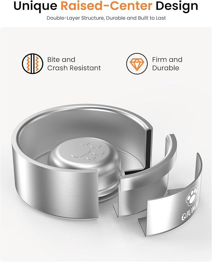 Slow Feeder Dog Bowls Stainless Steel, Food-Grade 304 Dog Slow Feeder Bowl 2 Cups Capacity, Heavy Duty Double-Layer with Non-Slip Base, Pet Puzzle Bowl for Small & Medium Dogs (Silver)