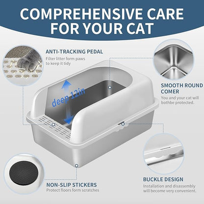 Prodigen Stainless Steel Cat Litter Box with Lid High Wall Sides Enclosure, Non-Sticky, Anti-Leakage, Easy Cleaning, with Cat Mat & Metal Scoop, 19.6" L x 14" W x 12" H