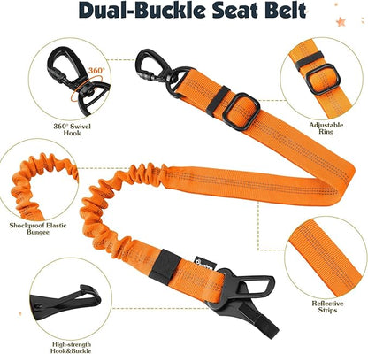 Pawaboo Dog Seat Belt Harness for Car, Dog Car Harness Seatbelt with Double Clips, Adjustable Breathable Pet Vest & Dogs Safety Tether with Elastic Bungee for Small Medium Large Pet, M, Orange/Black