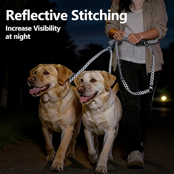Roses&Poetry Hands Free Double Dog Leash for Two Dogs, 9-11ft Adjustable Bungee Walking Waist Lead, Dual Dog Leash with Tangle-Free Swivel for Medium Large Dogs Heavy Duty Running(Blackwhite)